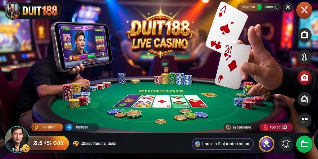 Screenshot gameplay yang menunjukkan dealer dan pemain di meja Live Casino.