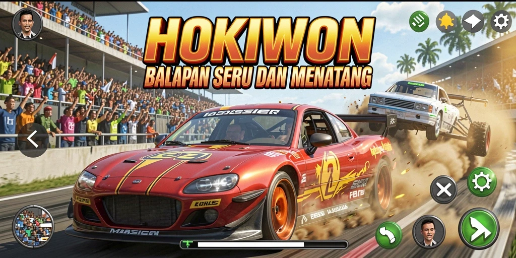 Screenshot HOKIWON menampilkan aksi balapan yang intens.