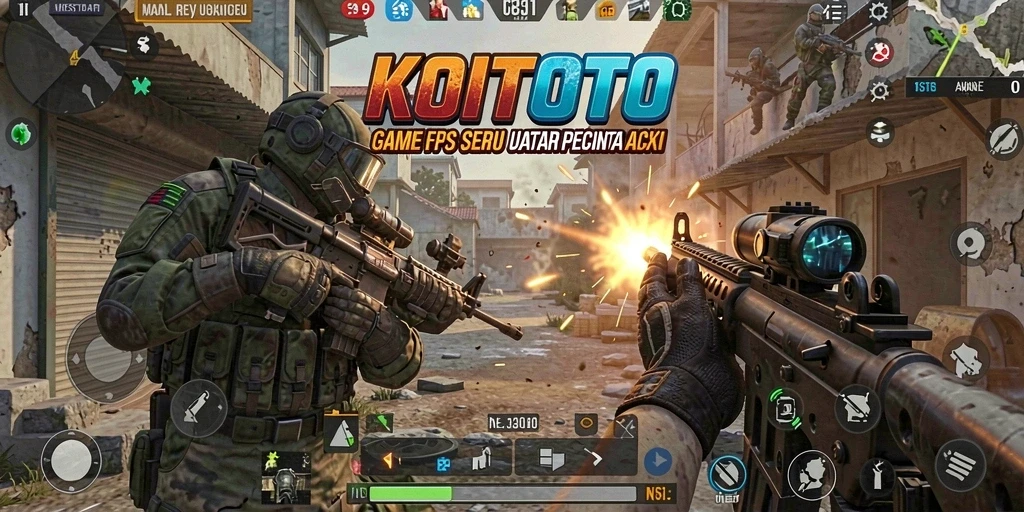 Tampilan gameplay menegangkan dalam KOITOTO dengan aksi FPS yang intens.
