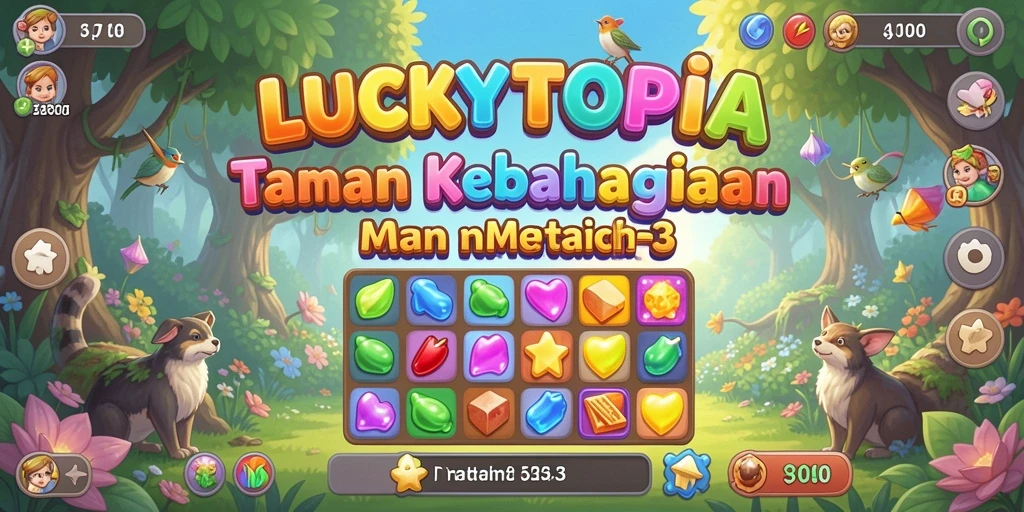Tangkapan layar gameplay <strong>LUCKYTOPIA</strong> menampilkan elemen Match-3 yang ceria dan menarik.